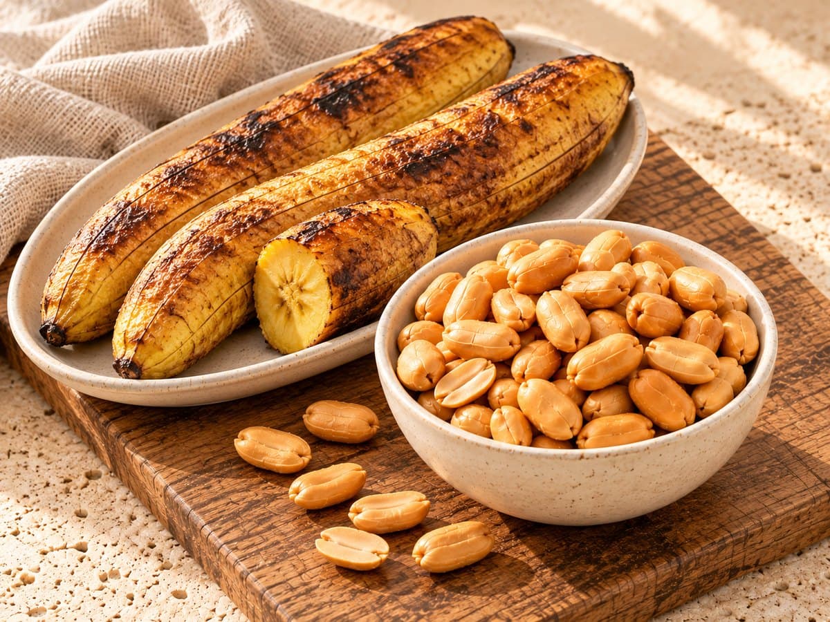 Roasted plantain beside a bowl of golden roasted peanuts