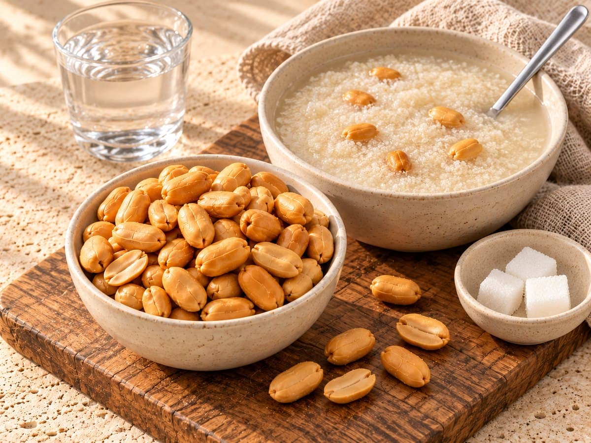 A bowl of soaked garri with peanuts, sugar cubes and a glass of water